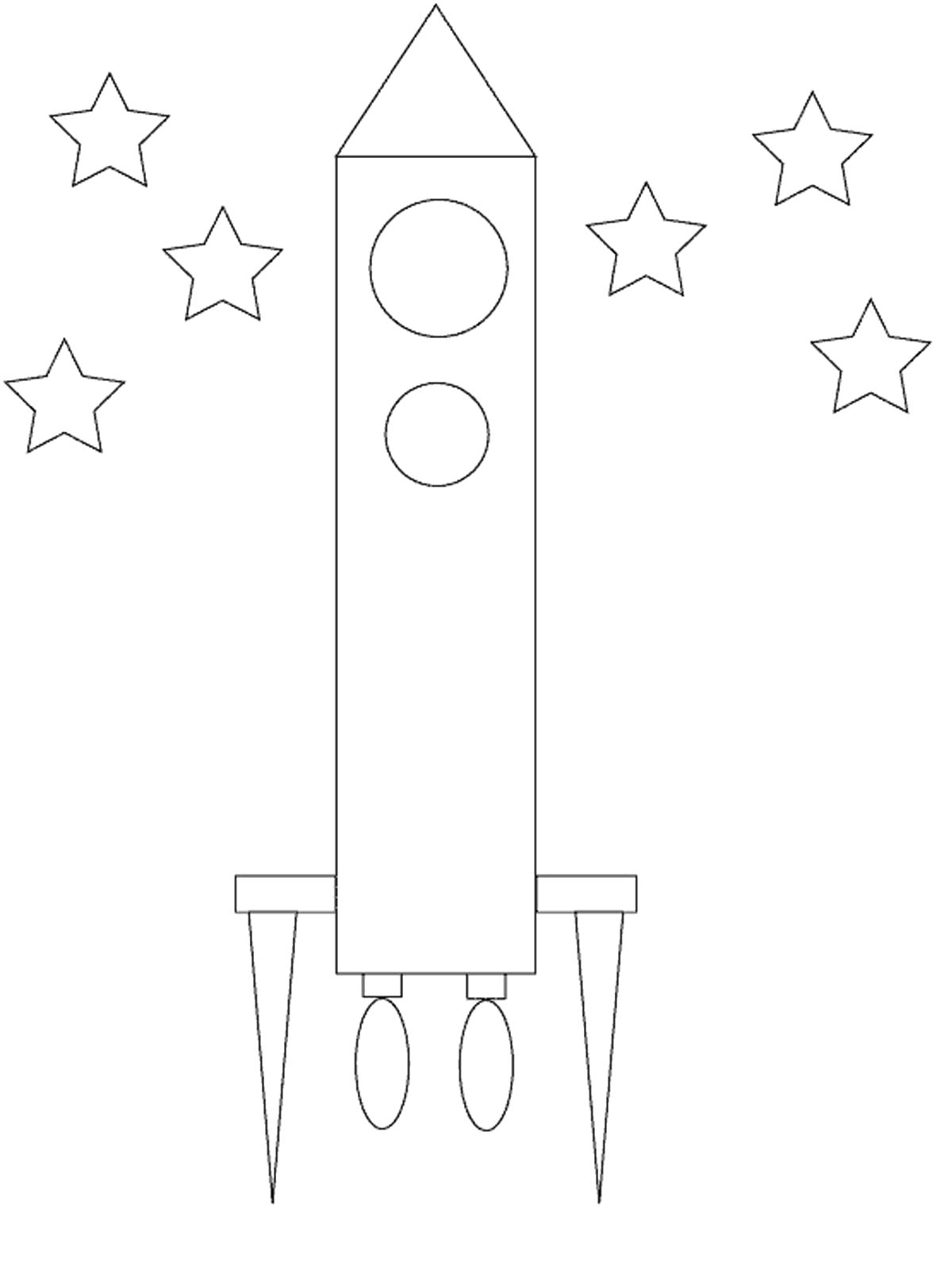 Раскраска ракета аппликация из бумаги. Скачать круг, звезда, треугольник.  Распечатать геометрические фигуры